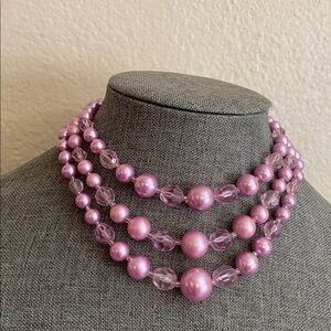 Vintage JAPAN 3 Strand Glass Pearls & Acrylic Beaded Choker Necklace